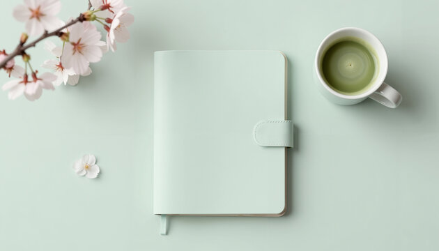 Minimalist green notebook with tea cup and cherry blossoms on table  