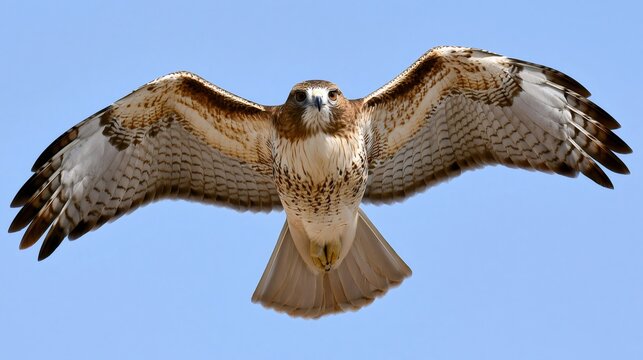 Red tailed hawk flying against a clear blue sky