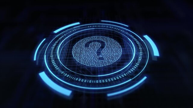 Bright blue neon question mark icon on a dark black background asking questions in a visual representation of confusion and inquiry.