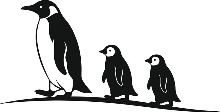 Penguin family father and two chicks standing on branch black and white silhouette line art.