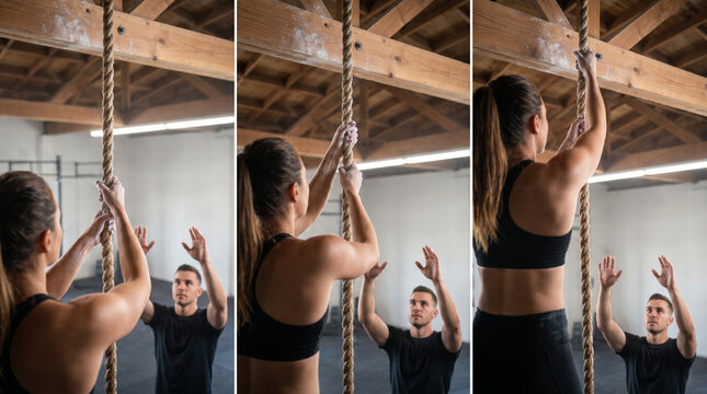 Process sequence of a CrossFit athlete learning to rope climb, hands at various grip positions visible over the shoulder, coach spotting fro