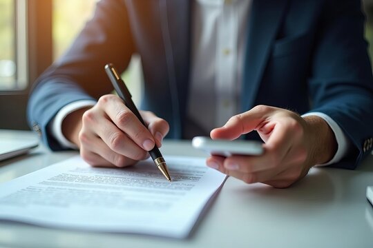 Close-Up of Businessman Signing Contract Digitally with Smartphone: Focus on Electronic Signature Process