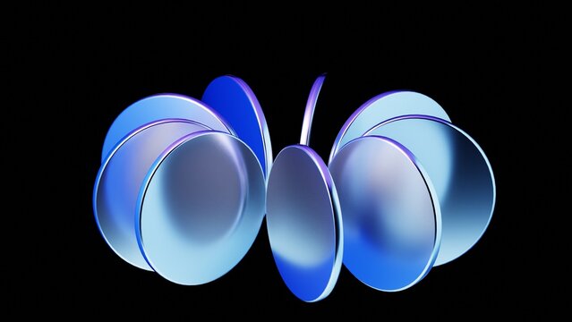 Abstract 3D Metallic Gradient Discs, Blue Purple Abstract Geometric shapes. Futurisc Circles on Black Background