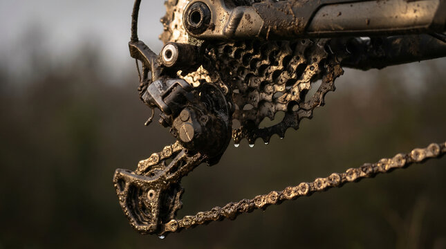 Close detail of a mountain bike rear derailleur caked in trail mud, droplets falling from the cassette, chain glistening with grit and oil,