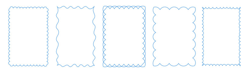 Set of blue wavy and scalloped rectangular frames, vector hand drawn line art borders for greeting cards and certificates © Artulina