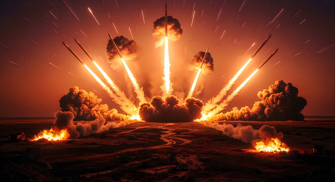 Dramatic Missile Launch and Explosions in Desert War Scene
