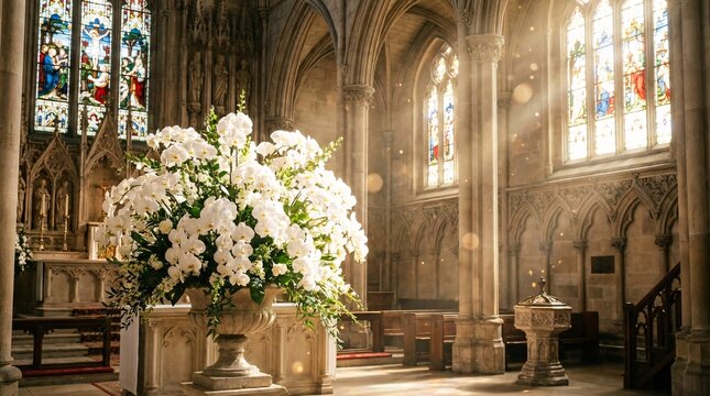 Radiant white orchids beautifully arranged inside a grand gothic church illuminated by ethereal golden sunlight piercing stained glass.