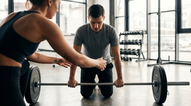 Over the shoulder view of a personal trainer showing a clearly nervous beginner how to hold a barbell, both looking down at the bar together 2