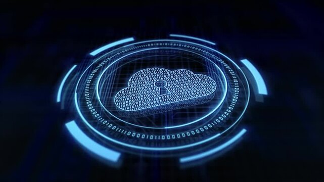Cyber neon cloud icon with glitching pixels and keyhole security sign. Cybersecurity cloud data storage symbol for server encryption. Animated privacy layout.