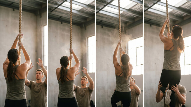 Process sequence of a CrossFit athlete learning to rope climb, hands at various grip positions visible over the shoulder, coach spotting fro 2
