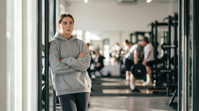 A beginner standing frozen just inside a gym entrance, oversized hoodie, arms crossed, watching experienced lifters in the background throug 2