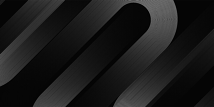 Abstract elegant black background with shiny gold geometric lines. Modern golden diagonal rounded lines pattern. Luxury style. Horizontal banner template.