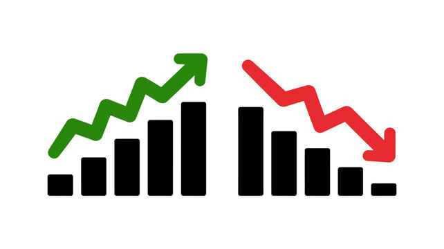 Graph with green upward and red downward trend arrows and bars