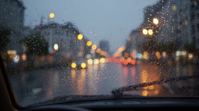 Raindrops On Car Windshield With Blurred City Lights. Driving In Rainy Urban Evening