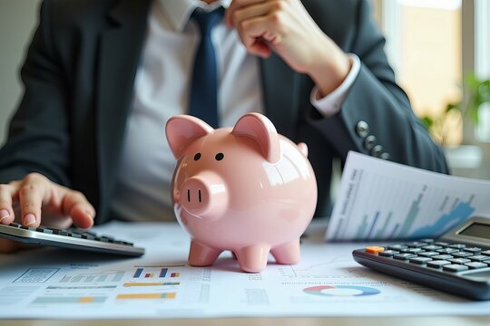 Financial Advisor Strategizing Savings and Financial Planning with Piggy Bank and Calculator