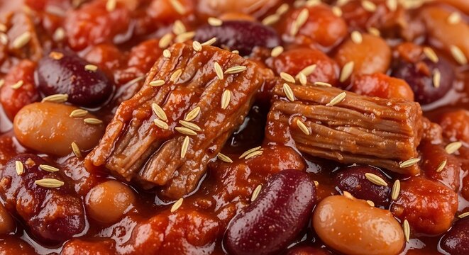 Healthy cooked red kidney beans mixed with brown rice and cumin seeds in a delicious savory sauce meal. chili cookoff