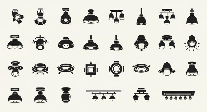 Collection of various ceiling light fixture icons in black silhouette.