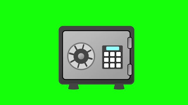 Cartoon bank safe box with digital keypad and combination dial isolated on a green screen background.