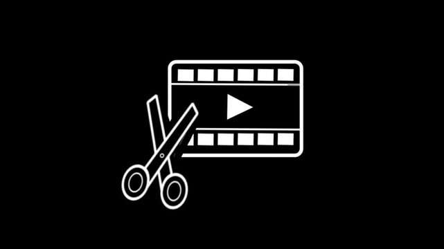 Minimalist white line animation of scissors cutting a filmstrip icon on a black background.