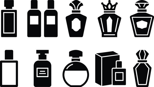 Perfume bottle icons silhouette vector illustration featuring fragrance motifs, decorative packaging designs, abstract cosmetic patterns, and modern beauty art