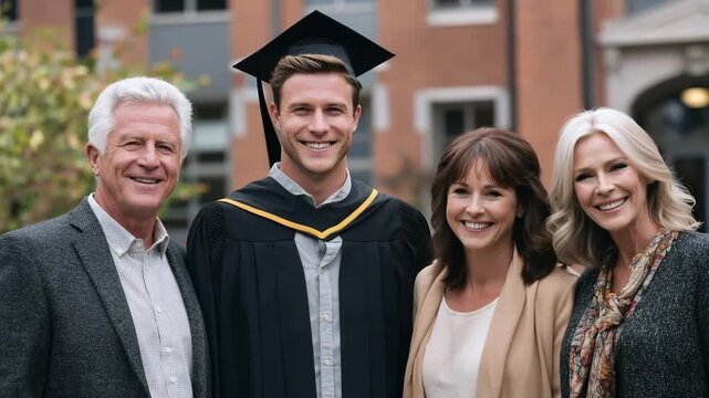 Proud mature parents hugging their happy son in a gown and cap during his graduation ceremony