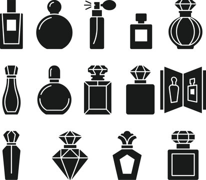 Perfume bottle icons silhouette vector illustration featuring fragrance motifs, decorative packaging designs, abstract cosmetic patterns, and modern beauty art