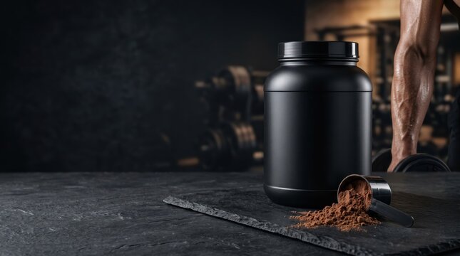 Chocolate protein powder in black plastic jar with scoop and muscular man training in the gym background
