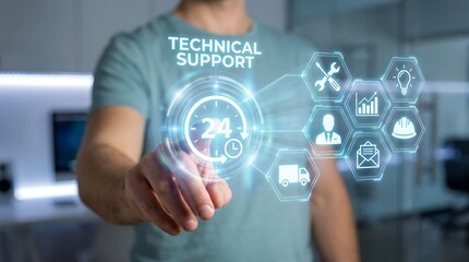 Obraz premium Professional touching a 24 7 technical support hologram interface with repair and logistics icons for customer service and infrastructure maintenance management in modern office space