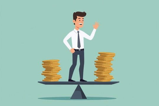 Businessman on a scale, holding stacks of coins: Balancing financial leverage and inflation insurance.