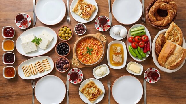 Traditional Turkish breakfast spread on wooden table, authentic middle eastern brunch with menemen, olives, cheeses, and tea, overhead view of mediterranean morning meal