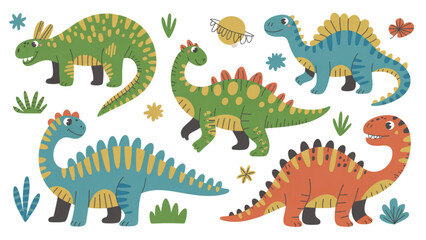 Colorful cartoon dinosaurs and prehistoric animals illustration set Vector © Sofiqul