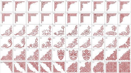 Traditional Chinese Ornament Corner Set Featuring Decorative Borders, Floral Motifs, Clouds and Asian Pattern Elements in Red Line Art Vector Style © Priyanka