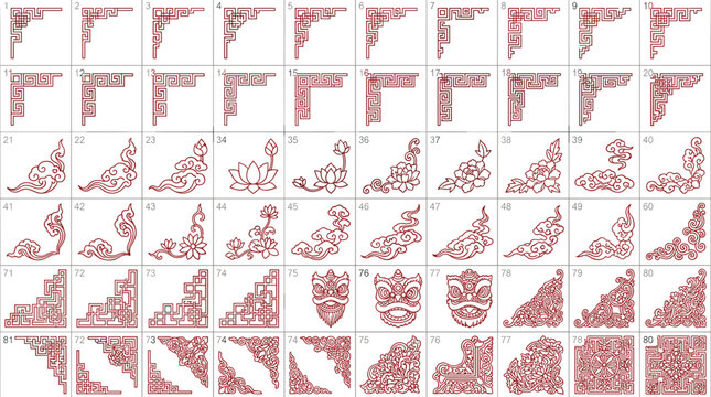 Traditional Chinese Ornament Corner Set Featuring Decorative Borders, Floral Motifs, Clouds and Asian Pattern Elements in Red Line Art Vector Style