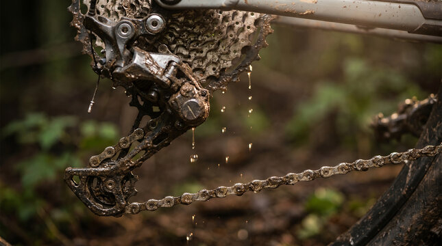 Close detail of a mountain bike rear derailleur caked in trail mud, droplets falling from the cassette, chain glistening with grit and oil, 3