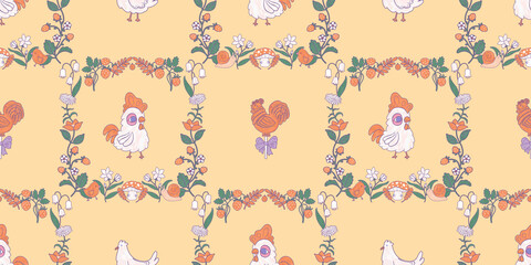 A white rooster and cockerel on a lollipop stick on an orange. A horizontal floral checkered pattern in a fairytale folk style. A cozy forest-themed natural botanical wallpaper for the children's room © Alina Dmitrieva