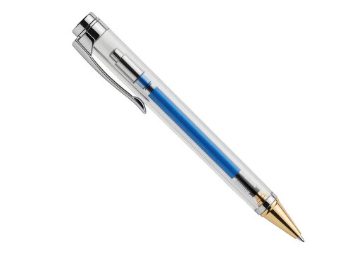 Elegant blue retractable ballpoint pen with metallic tip isolated on transparent background