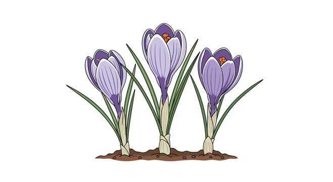 Three beautiful purple crocus flowers blooming from the brown soil against a clean white background symbolizing spring and new beginnings.