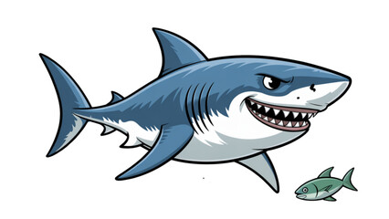 Fototapeta premium Cartoon shark swimming with a small fish in water Vector