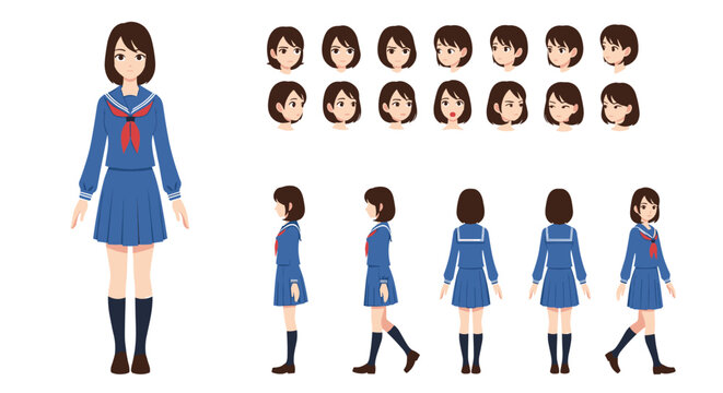 Detailed character design sheet of a Japanese schoolgirl in a sailor uniform showing different poses and faces.
