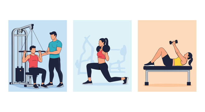 Men and women are shown performing various gym exercises like weightlifting, lunges, and bench presses to maintain their health and fitness.