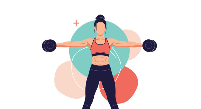 Athletic woman in sports clothing performs a lateral raise exercise with dumbbells to strengthen her shoulders in a fitness studio.