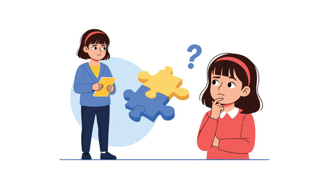 Two young girls look thoughtful and confused while trying to solve a puzzle represented by floating blue and yellow pieces.
