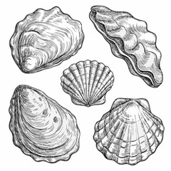 Oyster shells engraving vintage marine illustration on white background © Buddiswar