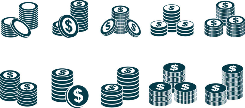 Coin stack variations with dollar sign for financial growth and money management on grid background.