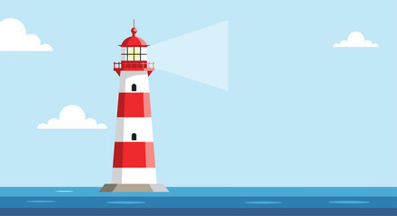 Fototapeta premium Tall red and white striped lighthouse standing on a rocky base in the blue ocean under a clear sky with soft and fluffy white clouds.