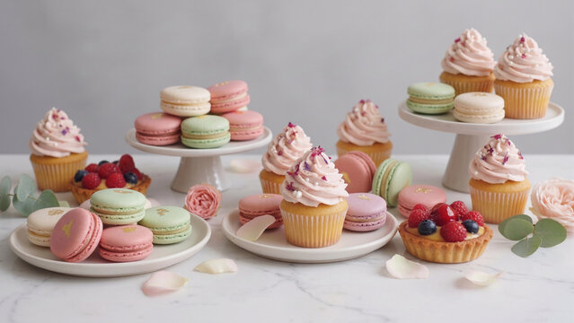 Decorated cupcakes, pastel macarons and berry tarts on a white marble table, cute and elegant dessert background