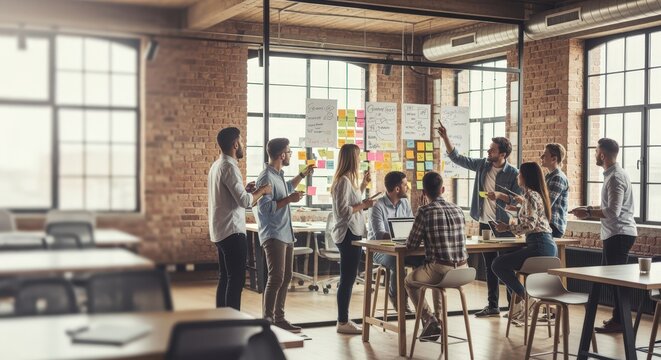 A diverse team of creative professionals collaborates in a modern industrial office, brainstorming ideas with sticky notes on a glass wall during a productive group meeting.
