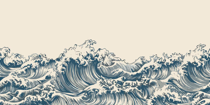 seamless ocean wave pattern continuous nautical illustration on beige