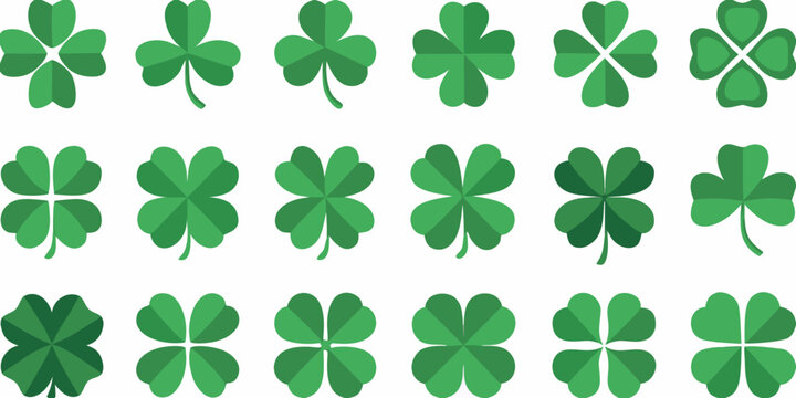 Collection of green shamrock vector illustrations on a white background