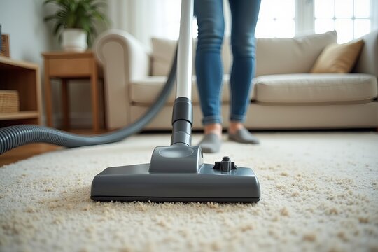 Person Cleaning a Dirty Carpet with a Vacuum Cleaner in a Clean and Bright Living Room